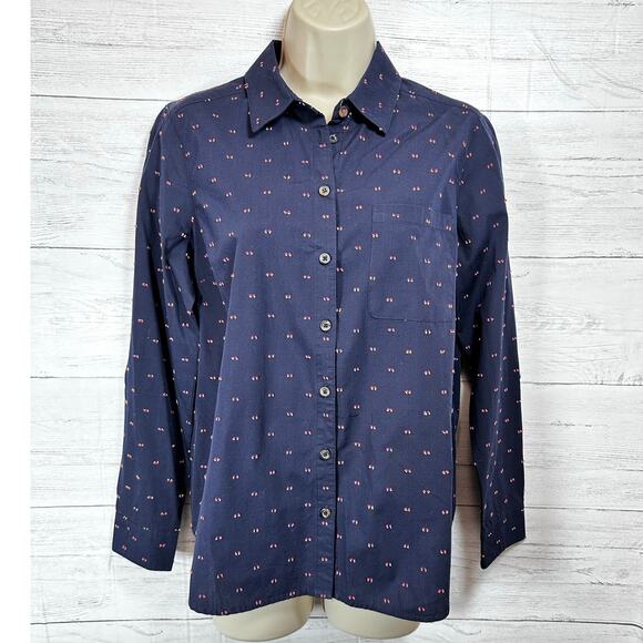 Maeve size 4 embroidered floral button up navy blue blouse preppy academia caree - Picture 1 of 8